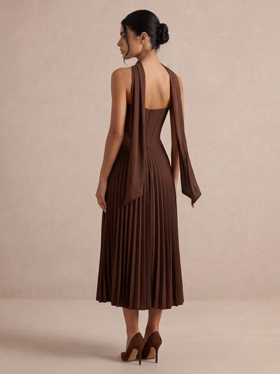 Chocolate Brown A Line Corset Midi Pleated Crepe Wedding Guest Dresses Strapless Sweetheart Formal Dresses
