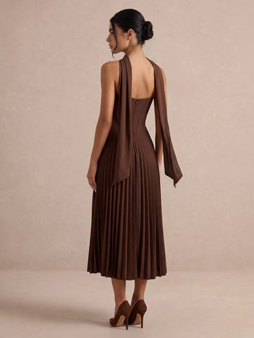 Chocolate Brown A Line Corset Midi Pleated Crepe Wedding Guest Dresses Strapless Sweetheart Formal Dresses