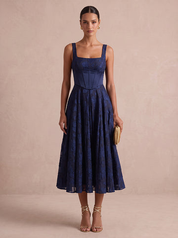 Navy Blue A Line Corset Midi Floral Jacquard Wedding Guest Dresses Square Neck Cocktail Dresses