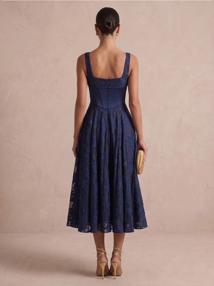 Navy Blue A Line Corset Midi Floral Jacquard Wedding Guest Dresses Square Neck Cocktail Dresses