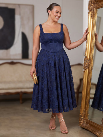 Navy Blue A Line Corset Midi Floral Jacquard Wedding Guest Dresses Square Neck Cocktail Dresses Plus Size