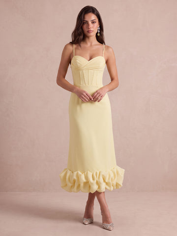 Yellow Mermaid Corset Midi Crepe Wedding Guest Dresses Sweetheart Spaghetti Strap Cocktail Dresses