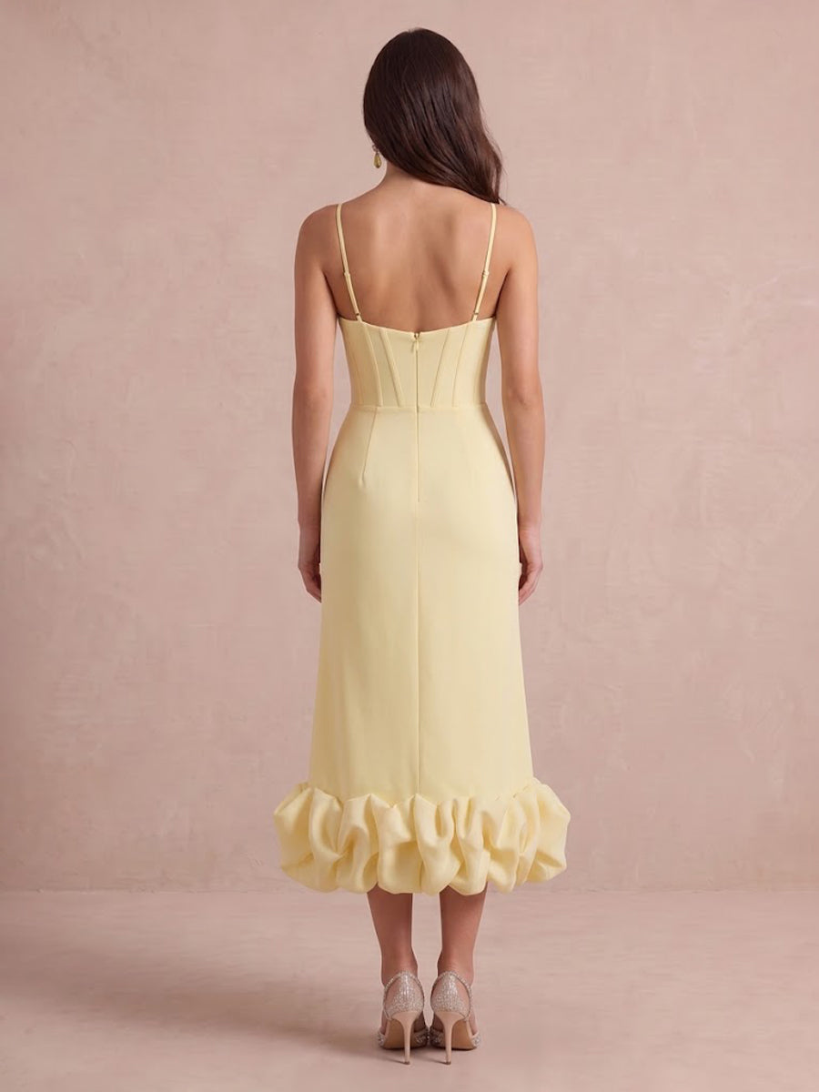 Yellow Mermaid Corset Midi Crepe Wedding Guest Dresses Sweetheart Spaghetti Strap Cocktail Dresses