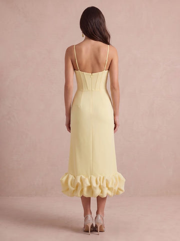 Yellow Mermaid Corset Midi Crepe Wedding Guest Dresses Sweetheart Spaghetti Strap Cocktail Dresses