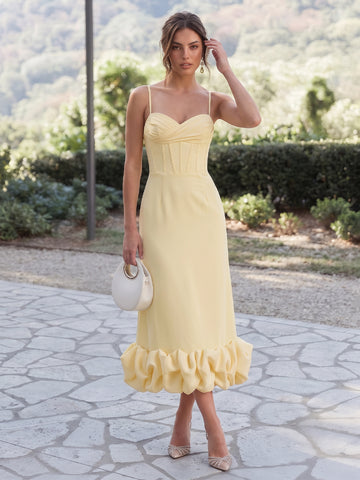 Yellow Mermaid Corset Midi Crepe Wedding Guest Dresses Sweetheart Spaghetti Strap Cocktail Dresses