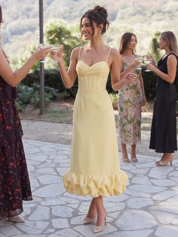 Yellow Mermaid Corset Midi Crepe Wedding Guest Dresses Sweetheart Spaghetti Strap Cocktail Dresses