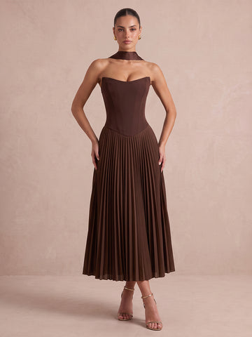 Chocolate Brown A Line Midi Chiffon Wedding Guest Dresses Strapless Sweetheart Cocktail Dresses