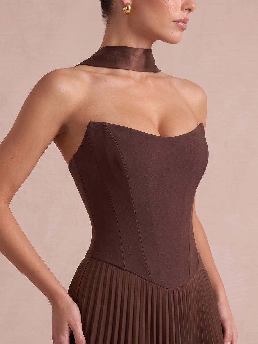 Chocolate Brown A Line Midi Chiffon Wedding Guest Dresses Strapless Sweetheart Cocktail Dresses