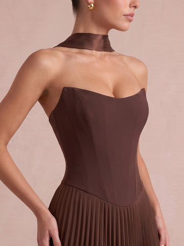 Chocolate Brown A Line Midi Chiffon Wedding Guest Dresses Strapless Sweetheart Cocktail Dresses