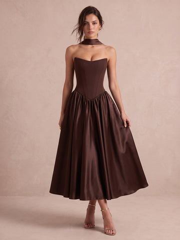 Chocolate Brown A Line Corset Midi Satin Wedding Guest Dresses Strapless Sweetheart Formal Dresses