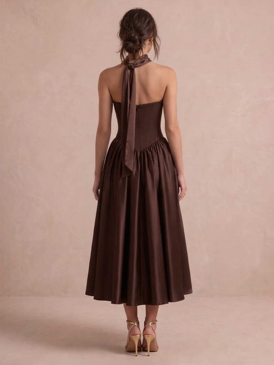 Chocolate Brown A Line Corset Midi Satin Wedding Guest Dresses Strapless Sweetheart Formal Dresses