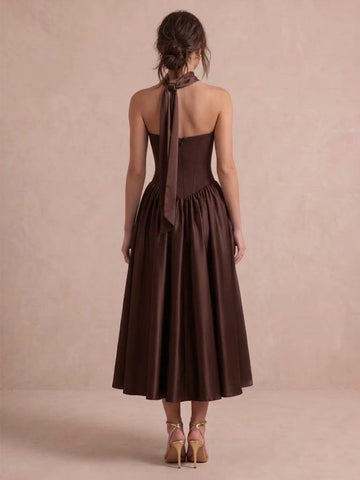 Chocolate Brown A Line Corset Midi Satin Wedding Guest Dresses Strapless Sweetheart Formal Dresses