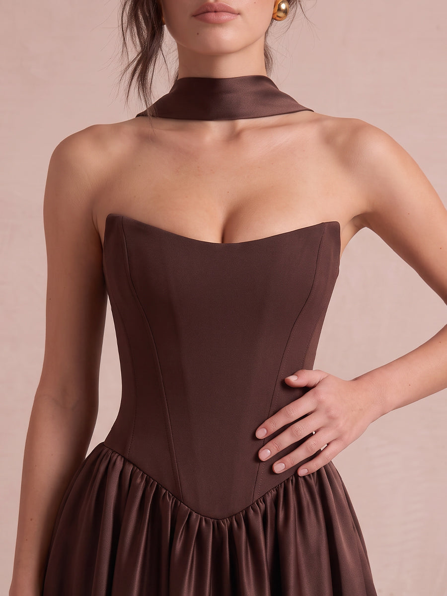 Chocolate Brown A Line Corset Midi Satin Wedding Guest Dresses Strapless Sweetheart Formal Dresses