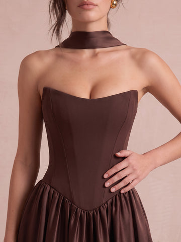Chocolate Brown A Line Corset Midi Satin Wedding Guest Dresses Strapless Sweetheart Formal Dresses