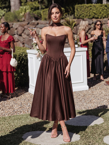 Chocolate Brown A Line Corset Midi Satin Wedding Guest Dresses Strapless Sweetheart Formal Dresses