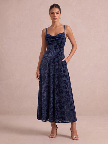 Navy Blue A Line Tea Length Jacquard Velvet Wedding Guest Dresses Cowl Neck Formal Dresses
