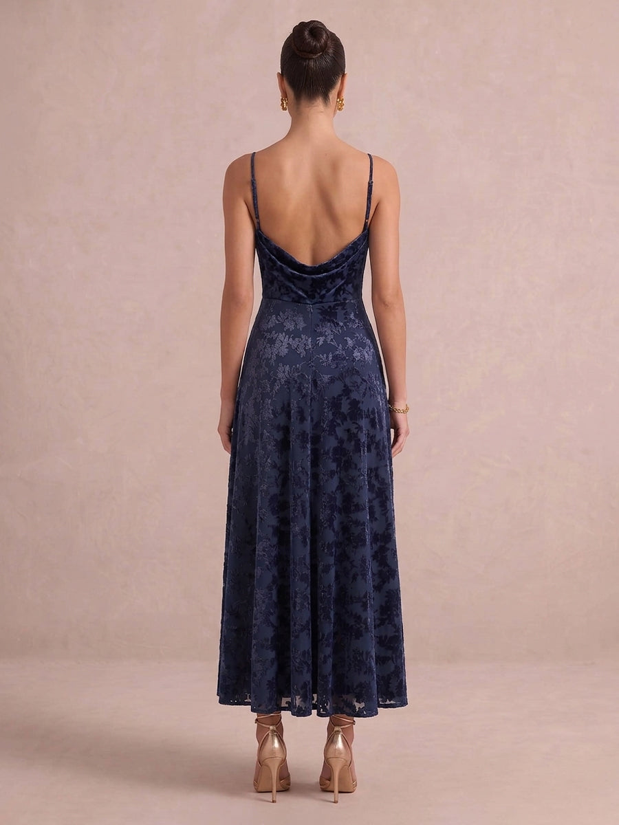 Navy Blue A Line Tea Length Jacquard Velvet Wedding Guest Dresses Cowl Neck Formal Dresses Plus Size