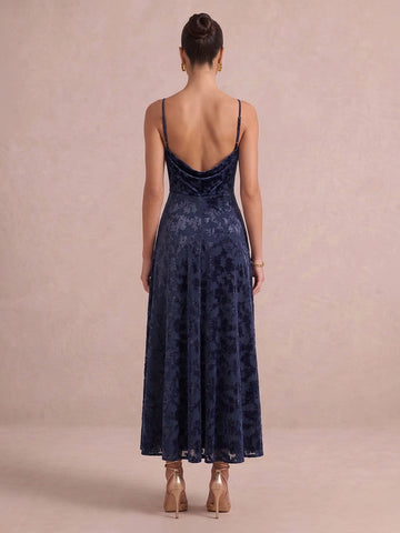 Navy Blue A Line Tea Length Jacquard Velvet Wedding Guest Dresses Cowl Neck Formal Dresses Plus Size