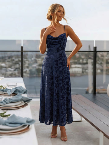 Navy Blue A Line Tea Length Jacquard Velvet Wedding Guest Dresses Cowl Neck Formal Dresses Plus Size