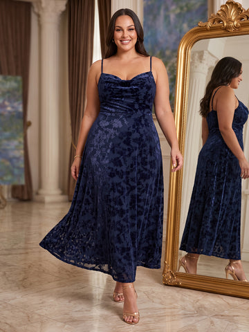 Navy Blue A Line Tea Length Jacquard Velvet Wedding Guest Dresses Cowl Neck Formal Dresses Plus Size