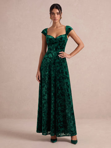 Emerald Green A Line Ankle Length Jacquard Velvet Wedding Guest Dresses Sweetheart Neck Cocktail Dresses
