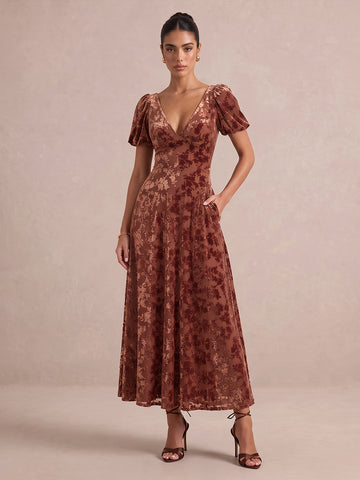 Burnt Orange A Line Midi Jacquard Velvet Wedding Guest Dresses V Neck Cocktail Dresses