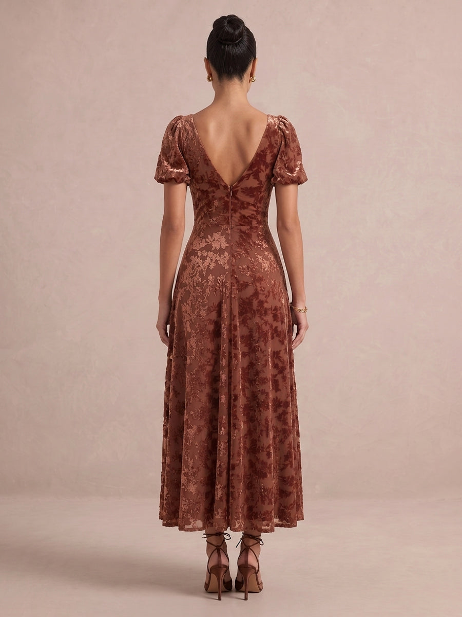 Burnt Orange A Line Midi Jacquard Velvet Wedding Guest Dresses V Neck Cocktail Dresses Plus Size