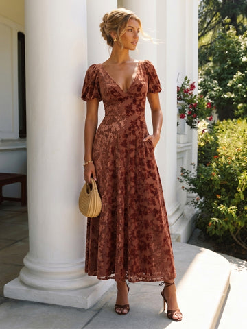 Burnt Orange A Line Midi Jacquard Velvet Wedding Guest Dresses V Neck Cocktail Dresses Plus Size