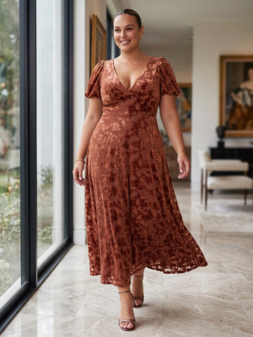 Burnt Orange A Line Midi Jacquard Velvet Wedding Guest Dresses V Neck Cocktail Dresses Plus Size
