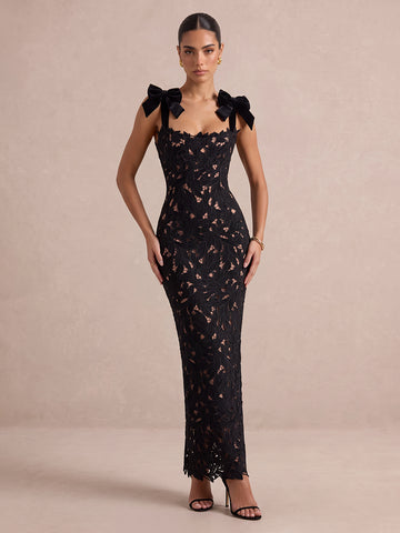 Black Sheath Ankle Length Lace Wedding Guest Dresses Square Neck Evening Dresses