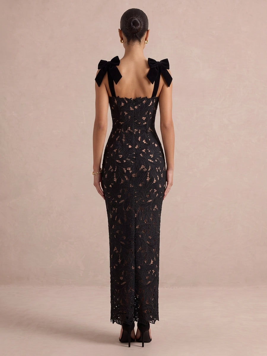 Black Sheath Ankle Length Lace Wedding Guest Dresses Square Neck Evening Dresses