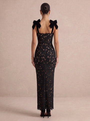 Black Sheath Ankle Length Lace Wedding Guest Dresses Square Neck Evening Dresses