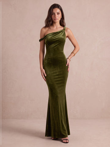 Olive Green Mermaid Ankle Length Velvet Wedding Guest Dresses One Shoulder Evening Dresses