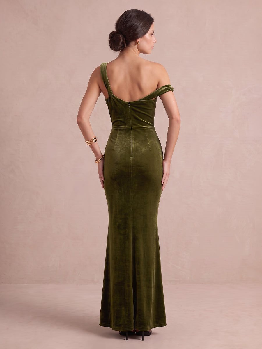 Olive Green Mermaid Ankle Length Velvet Wedding Guest Dresses One Shoulder Evening Dresses