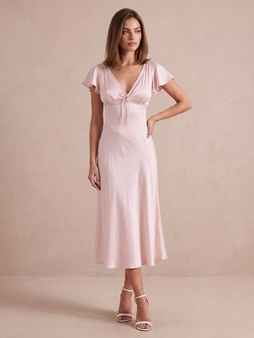 Blush Pink A Line Midi Satin Wedding Guest Dresses V Neck Cocktail Dresses