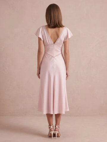Blush Pink A Line Midi Satin Wedding Guest Dresses V Neck Cocktail Dresses