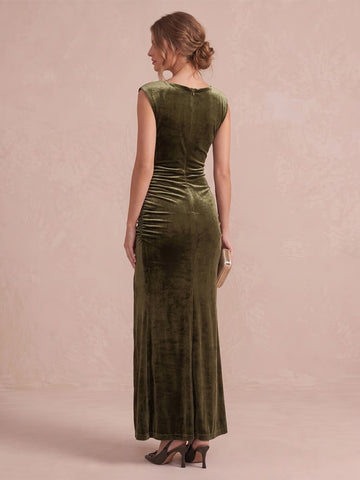 Olive Green Sheath Ankle Length Velvet Wedding Guest Dresses Cowl Neck Evening Dresses Plus Size