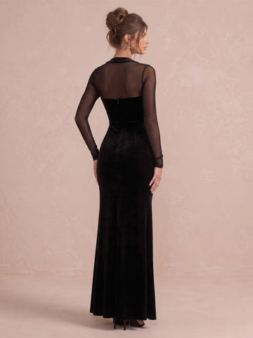 Black Mermaid Ankle Length Velvet Wedding Guest Dresses Square Neck Evening Dresses