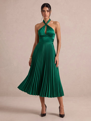 Emerald Green A Line Midi Satin Wedding Guest Dresses Halter Neck Cocktail Dresses