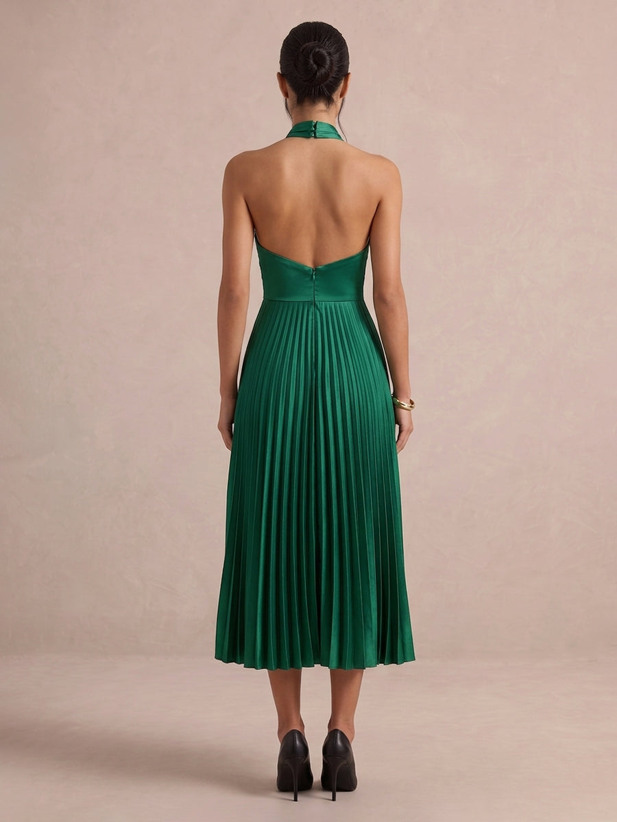 Emerald Green A Line Midi Satin Wedding Guest Dresses Halter Neck Cocktail Dresses