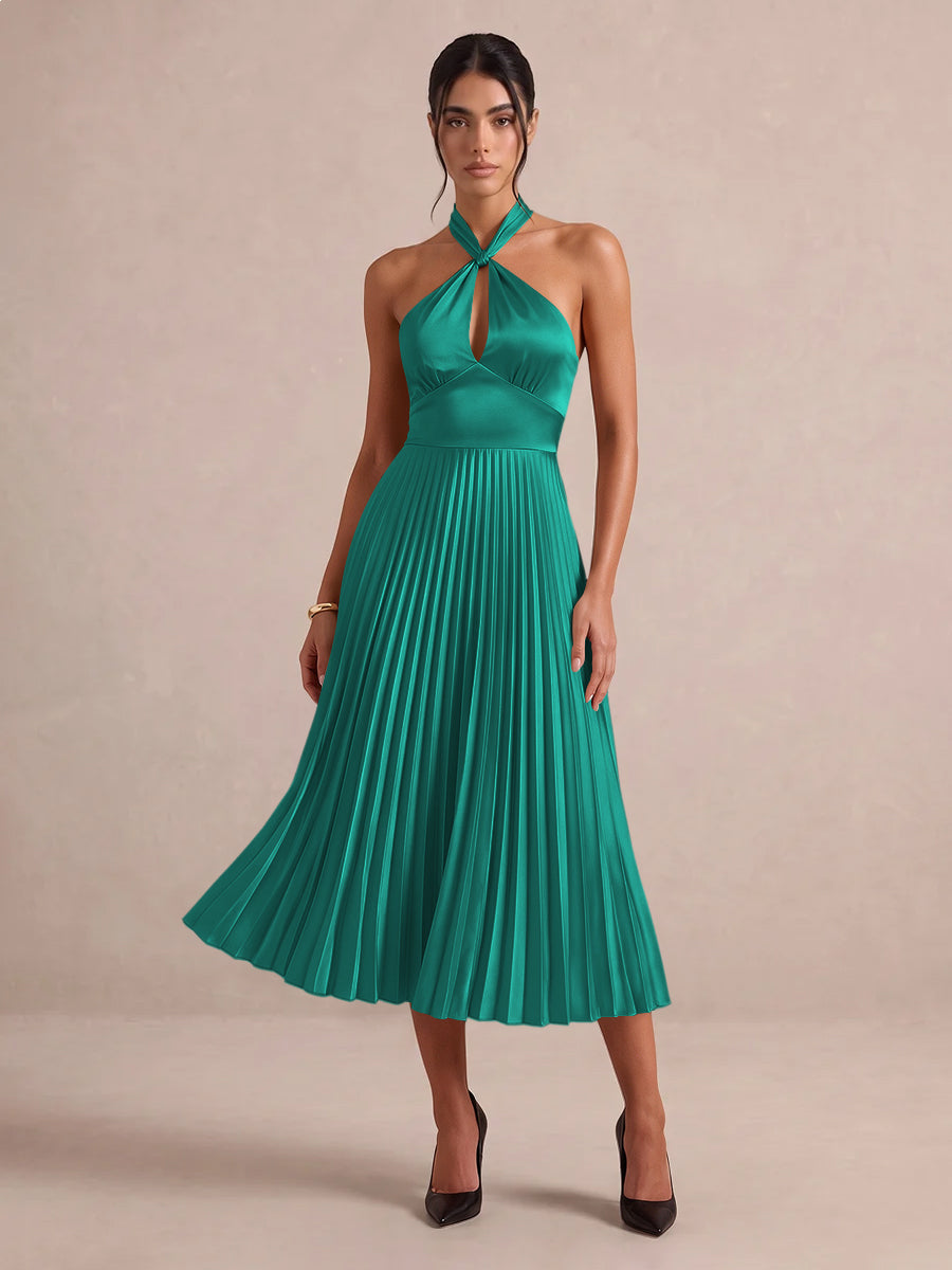 Emerald Green A Line Midi Satin Wedding Guest Dresses Halter Neck Cocktail Dresses
