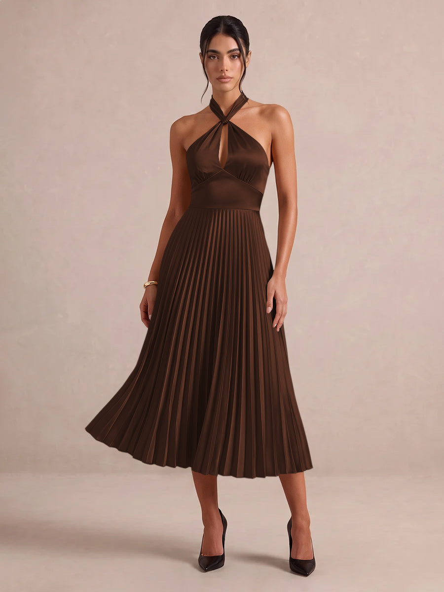 Emerald Green A Line Midi Satin Wedding Guest Dresses Halter Neck Cocktail Dresses