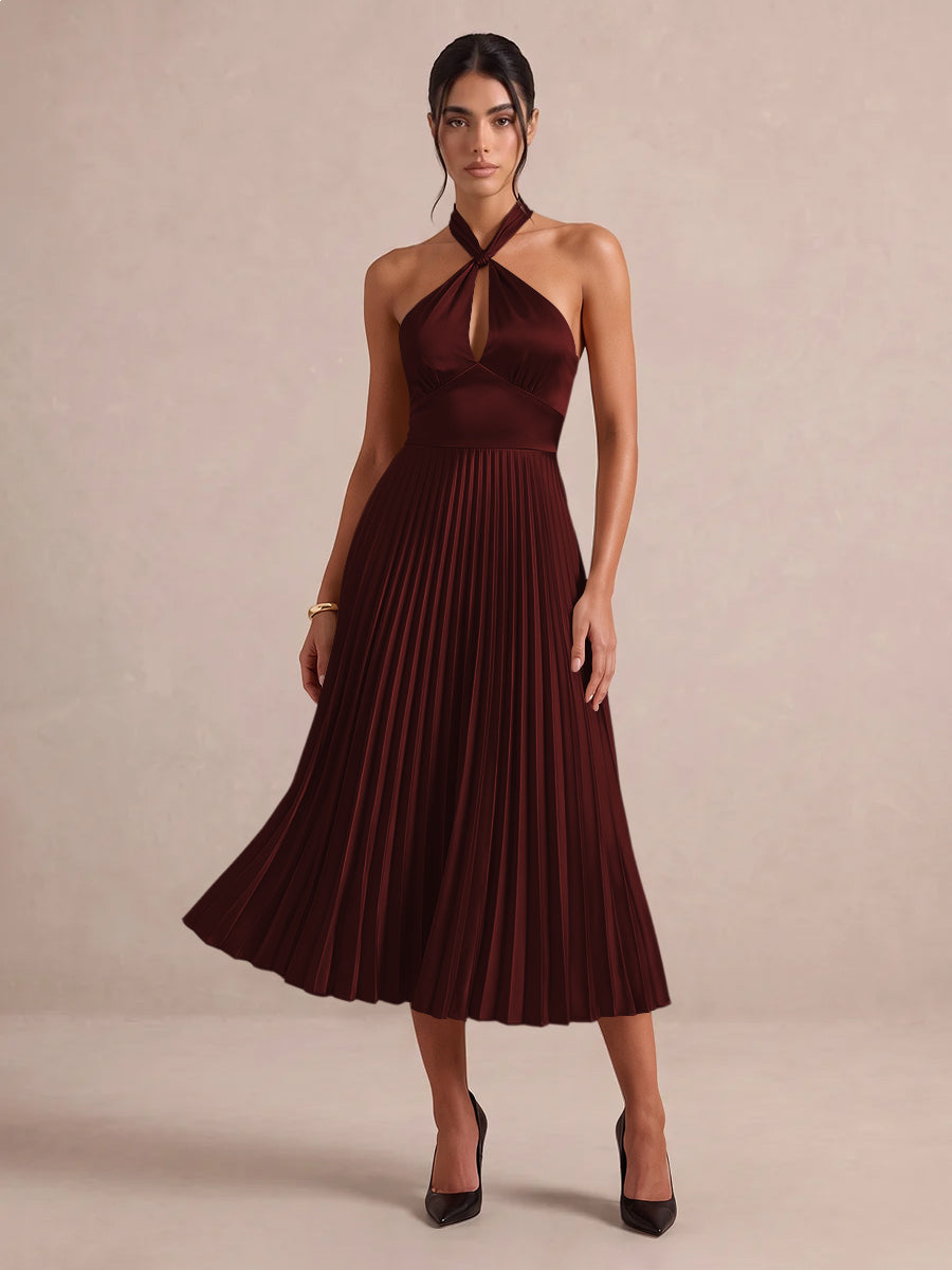 Emerald Green A Line Midi Satin Wedding Guest Dresses Halter Neck Cocktail Dresses