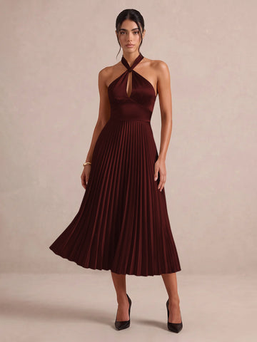 Emerald Green A Line Midi Satin Wedding Guest Dresses Halter Neck Cocktail Dresses