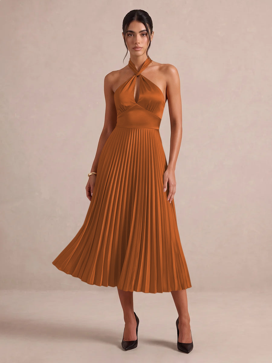 Emerald Green A Line Midi Satin Wedding Guest Dresses Halter Neck Cocktail Dresses