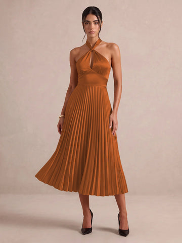 Emerald Green A Line Midi Satin Wedding Guest Dresses Halter Neck Cocktail Dresses