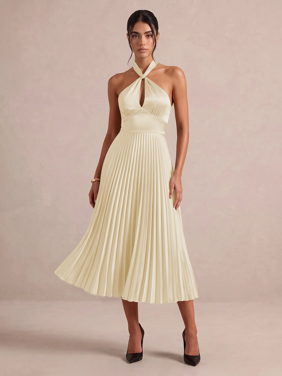 Emerald Green A Line Midi Satin Wedding Guest Dresses Halter Neck Cocktail Dresses