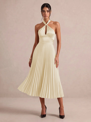Emerald Green A Line Midi Satin Wedding Guest Dresses Halter Neck Cocktail Dresses