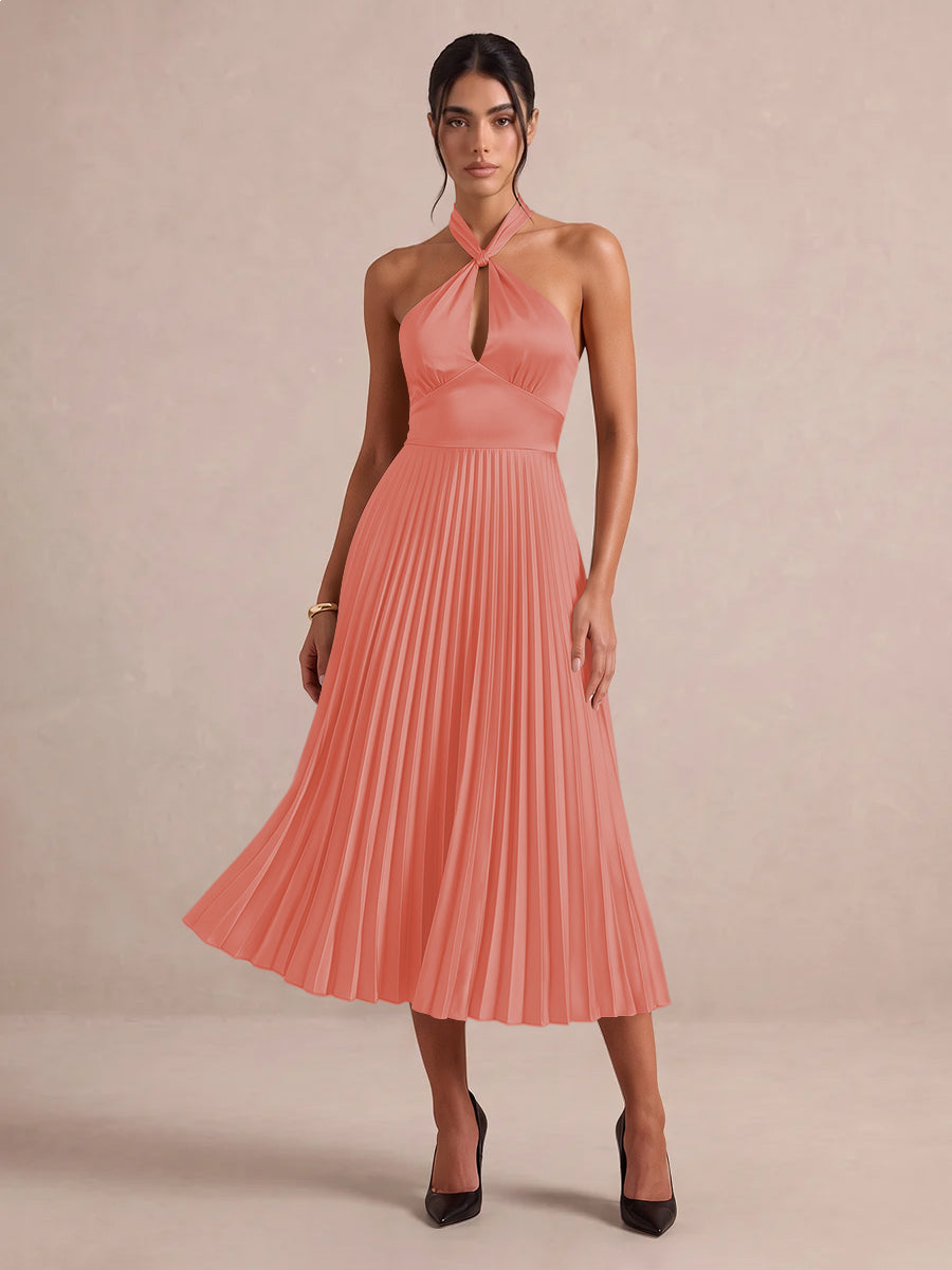 Emerald Green A Line Midi Satin Wedding Guest Dresses Halter Neck Cocktail Dresses