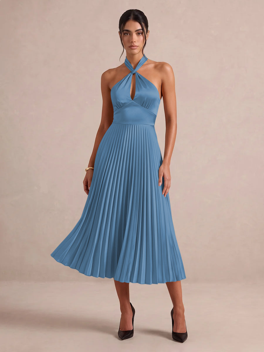 Emerald Green A Line Midi Satin Wedding Guest Dresses Halter Neck Cocktail Dresses